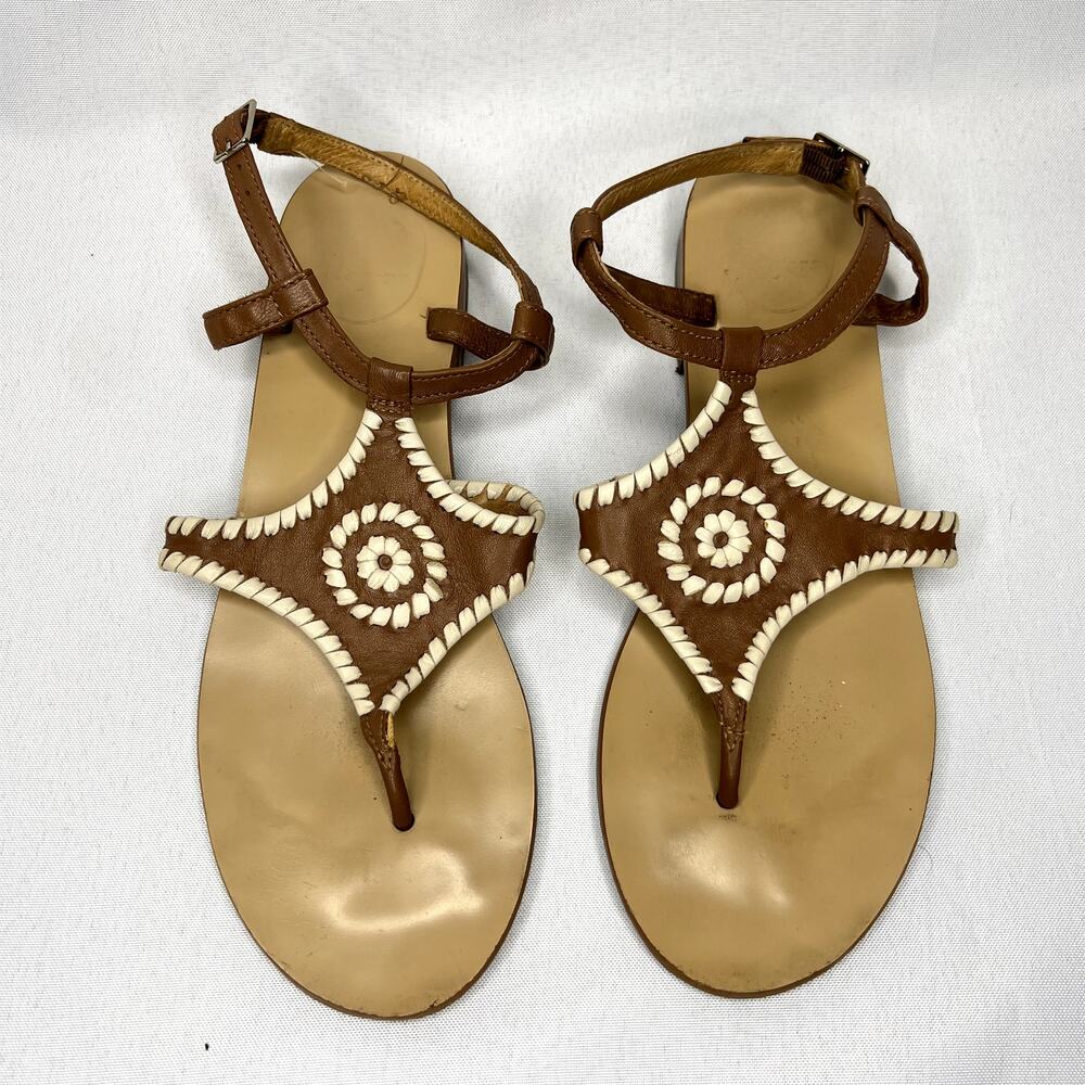 Jack Rogers Maci Brown Leather Whipstitch Buckle Strap Sandals Size 8